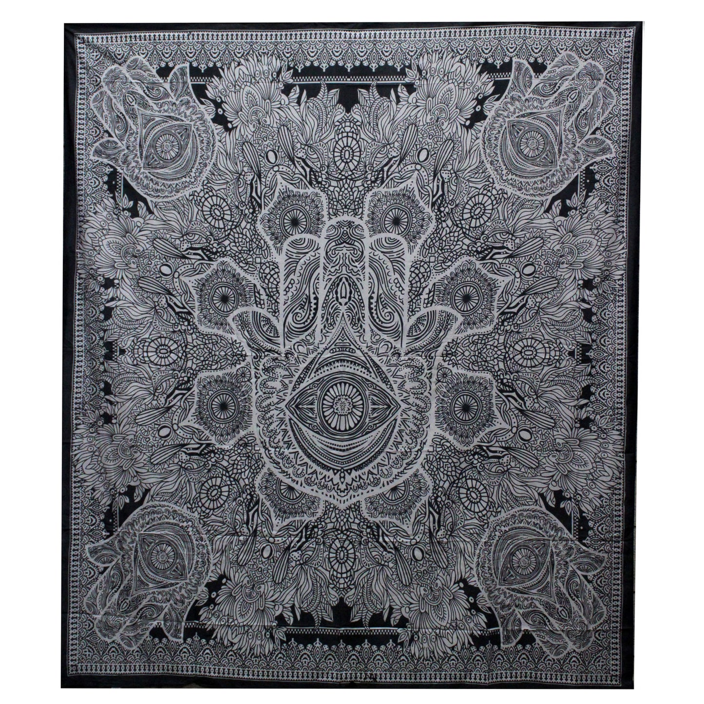Schwarz-Weiße Tagesdecke / Wandbehang – Hamsa (230 x 200 cm)