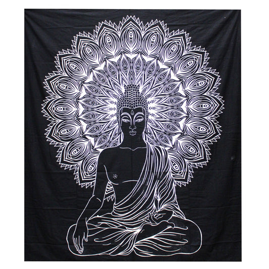 Schwarz-Weiße Tagesdecke / Wandbehang – Buddha (230 x 200 cm)