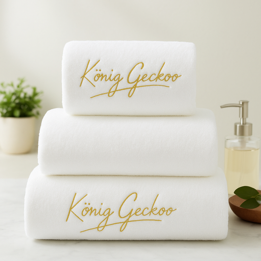 König Geckoo – Luxus Handtuchset 3-teilig (Weiß mit goldener Stickerei)