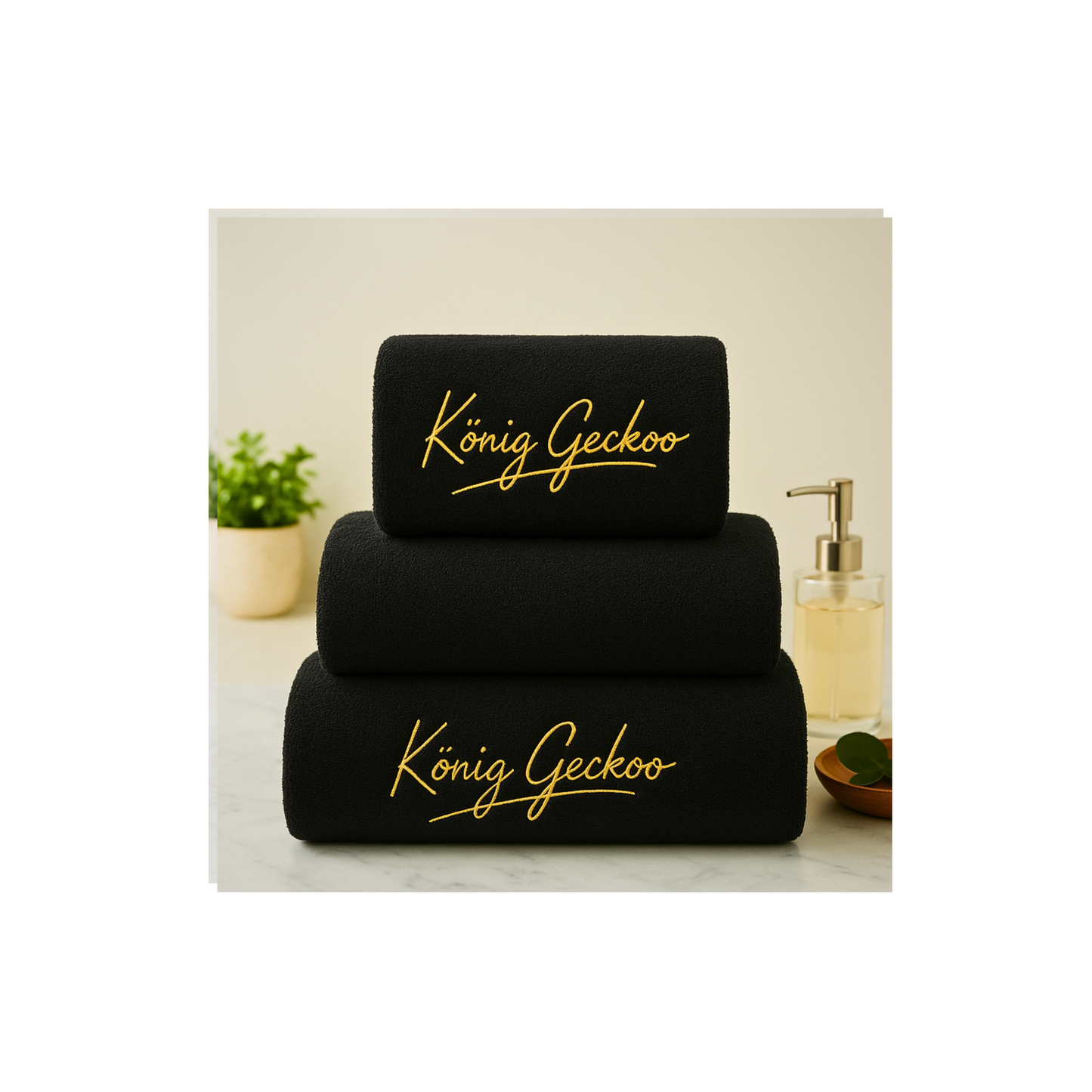 König Geckoo – Luxus Handtuchset 3-teilig (Schwarz mit goldener Stickerei)