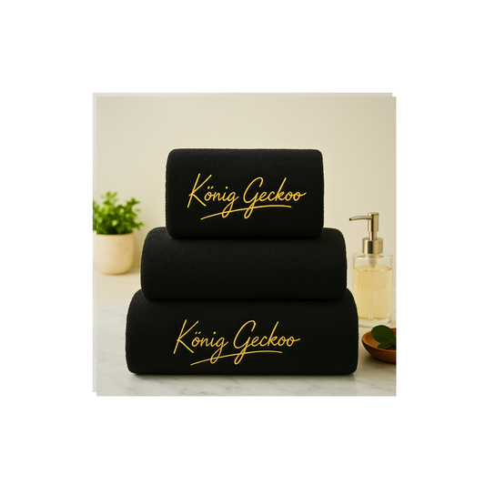König Geckoo – Luxus Handtuchset 3-teilig (Schwarz mit goldener Stickerei)