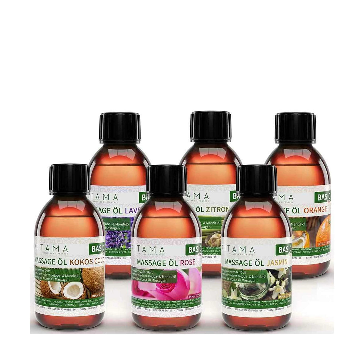Massageöl Aroma 6er Set – Jasmin, Rose, Lavendel, Orange, Kokos & Zitronengras