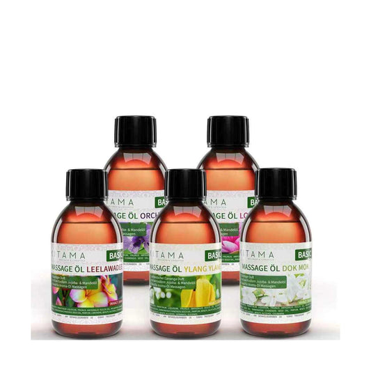 Massageöl Thai Aroma 5er Set – Ylang Ylang, Lotus, Orchidee, Leelawadee & Dok Mok (5 × 250 ml)