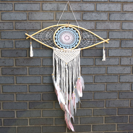 Schutz-Traumfänger- Großes Macramee Auge Blau/ Weiß/Rosa